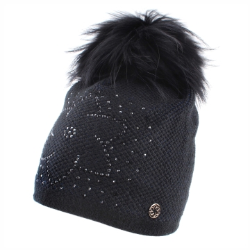 Ladies' Winter Hat with Wool and Natural Fur Pom-Pom JG5330, Dark blue