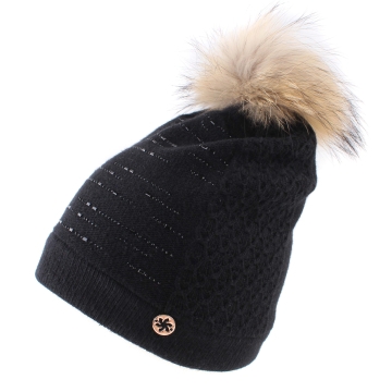 Căciulă tricotată de damă cu pompon natural JG5266, Negru