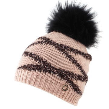Ladies' knitted hat with natural pompom JG5750, Beige