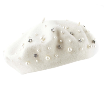 Ladies' wool beret with pearls and rhinestones HatYou CP4176, Black