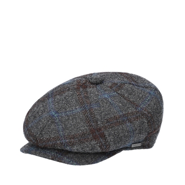 Men's wool newsboy cap HatYou CP4325, Check pattern in dark grey, blue and brown