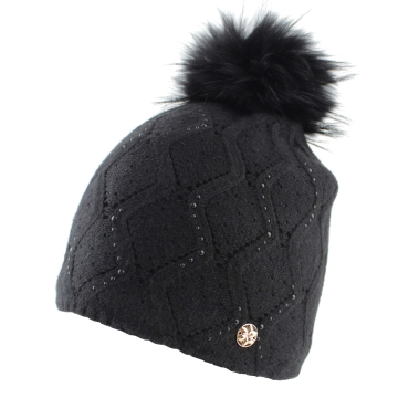 Дамска зимна плетена шапка с естествен помпон Granadilla | Черна