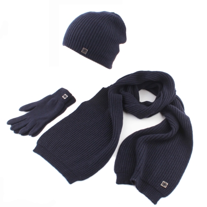 Granadilla JG5190&5191&5192 Men's Wool & Cashmere Scarf, Hat & Gloves Set, Navy Blue