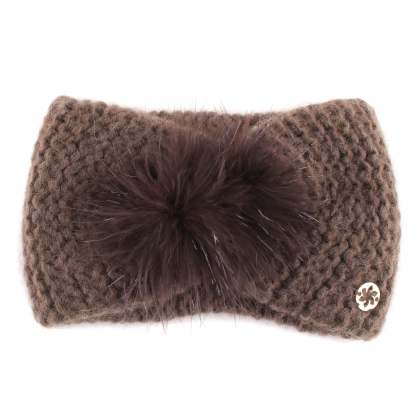 Knitted ladies' headband with feathers Granadilla JG5296, Brown melange