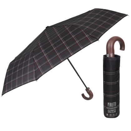 Men's Automatic Open-Close Umbrella Perletti Technology 21827, Scottish Check in Black and Bordeaux