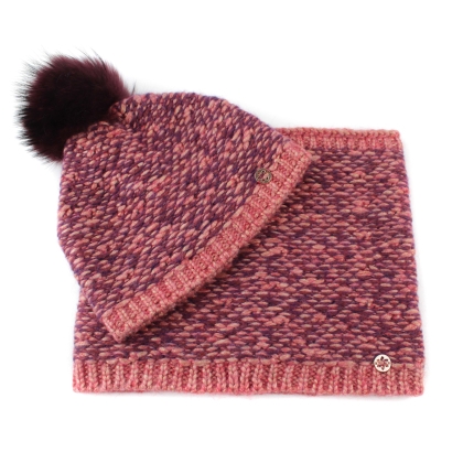 Knitted scarf and hat set with natural pom-pom Granadilla JG5421 & JG5422, Pink-Purple