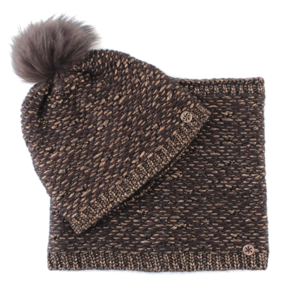 Knitted Scarf and Hat Set with Natural Fur Pom-Pom Hat Granadilla JG5421 & JG5422, Brown
