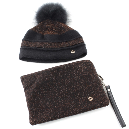 Комплект шапка и чантичка за смарт устройства Granadilla JG5314&JG5315, Черен/Медно ламе