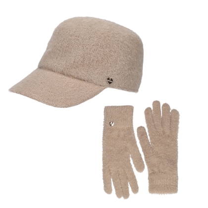 Комплект бейзболна шапка и ръкавици от мъхеста материя HatYou, Бежов