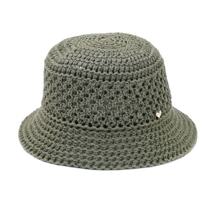 Дамска лятна памучна шапка тип клош (кофа) с ажурна плетка | Зелен