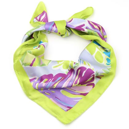 Small women's square scarf HatYou | 70x70 cm | Floral motif in light green and purple