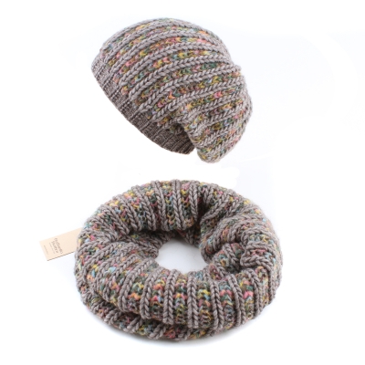 Комплект плетен кръгъл шал и шапка Raffaello Bettini RB SC 015/3482&015/3798, бежов