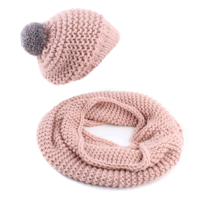 Knitted round scarf and hat set Raffaello Bettini RB SC 014 / 2622E & 011/1320, pink