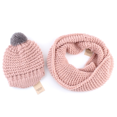 Knitted round scarf and hat set Raffaello Bettini RB SC 014 / 2622E & 011/1320, pink