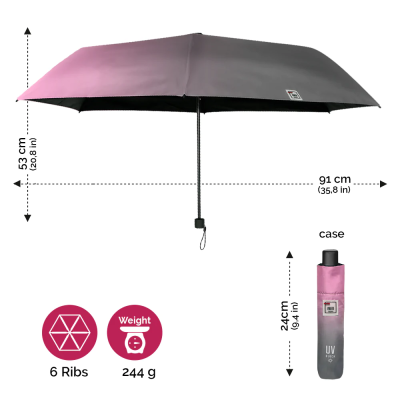 Дамски неавтоматичен лек чадър Perletti Trend 20303, Розов-сив