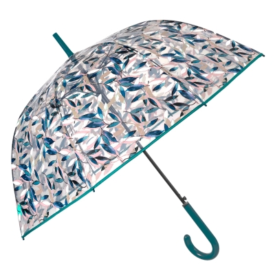 Дамски прозрачен автоматичен голф чадър Perletti Time 26388, Прозрачен/ зелени листа