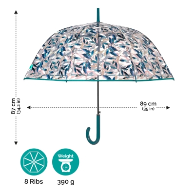 Umbrelă de golf automată transparentă pentru femei Perletti Time 26388, Transparentă/ Frunziș Verde