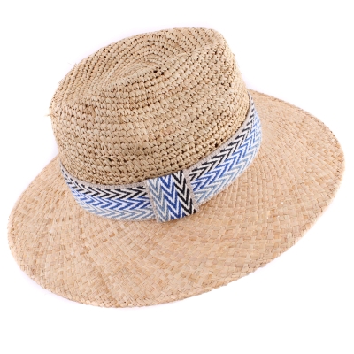 Лятна шапка от рафия тип Федора Fratelli Mazzanti FM 8681, Натурален/Синя лента