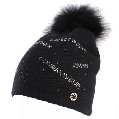 Ladies'  Knitted Hat  with Natural Fur Pom Pom Granadilla JG5707, Black