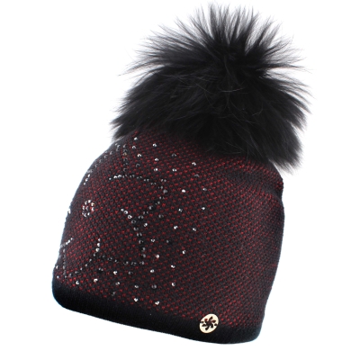 Ladies' Winter Hat with Wool and Natural Fur Pom-Pom JG5330, Red