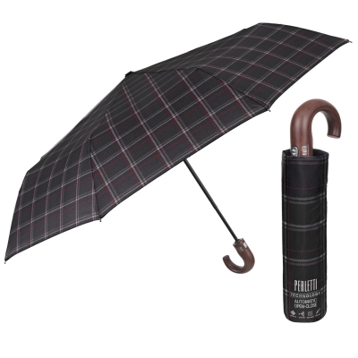 Men's Automatic Open-Close Umbrella Perletti Technology 21827, Scottish Check in Black and Bordeaux