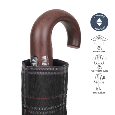 Men's Automatic Open-Close Umbrella Perletti Technology 21827, Scottish Check in Black and Bordeaux