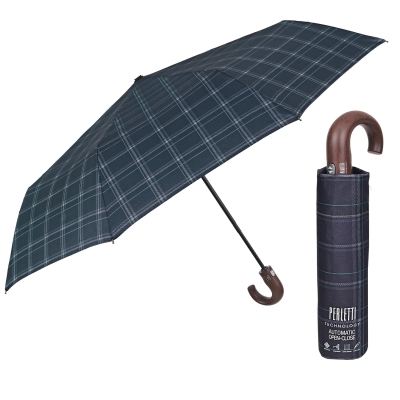 Men's Automatic Open-Close Umbrella Perletti Technology 21827, Scottish Check in Black and Bordeaux
