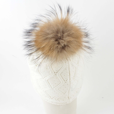 Ladies' knitted hat with natural pompom JG5748, Ecru