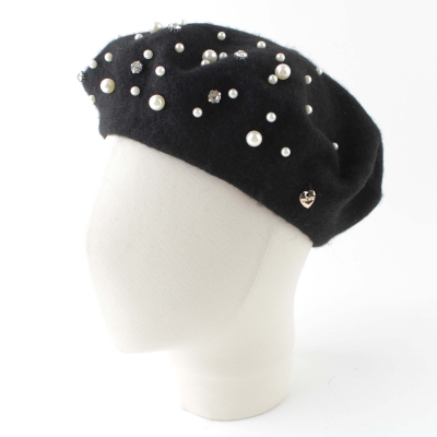Ladies' wool beret with pearls and rhinestones HatYou CP4176, Black