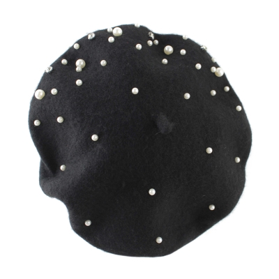 Ladies' wool beret with pearls and rhinestones HatYou CP4176, Black