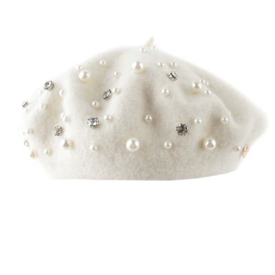 Ladies' wool beret with pearls and rhinestones HatYou CP4176, Black