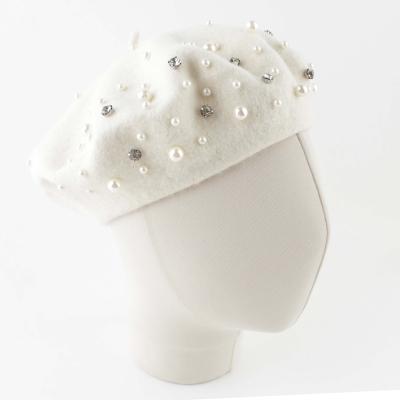 Ladies' wool beret with pearls and rhinestones HatYou CP4176, Black