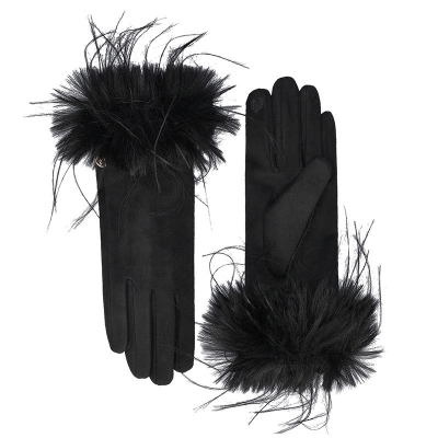 Ladies' fabric gloves with fluffy cuff HatYou GL1592, Black