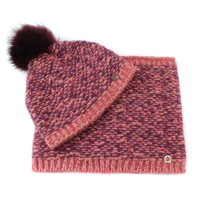 Knitted scarf and hat set with natural pom-pom Granadilla JG5421 & JG5422, Pink-Purple
