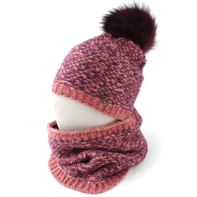 Knitted scarf and hat set with natural pom-pom Granadilla JG5421 & JG5422, Pink-Purple