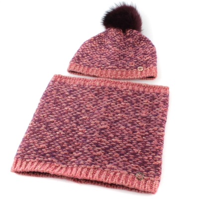 Knitted scarf and hat set with natural pom-pom Granadilla JG5421 & JG5422, Pink-Purple