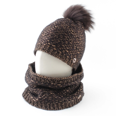 Knitted Scarf and Hat Set with Natural Fur Pom-Pom Hat Granadilla JG5421 & JG5422, Brown