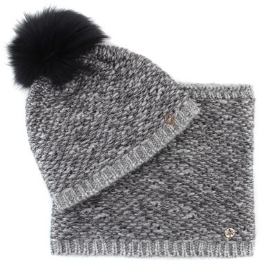 Knitted Scarf and Hat Set with Natural Fur Pom-Pom Hat Granadilla JG5421 & JG5422, Grey-black