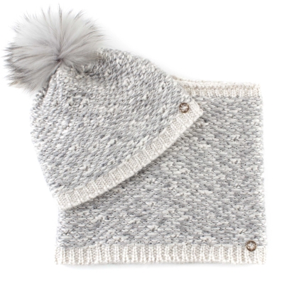 Knitted Scarf and Hat Set with Natural Fur Pom-Pom Hat Granadilla JG5421 & JG5422, Grey-White