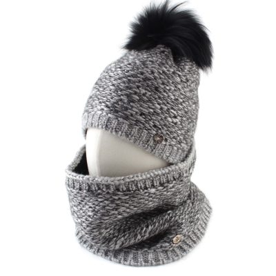 Комплект плетен шал и шапка с естествен помпон Granadilla  JG5421&JG5422, Сив-черен