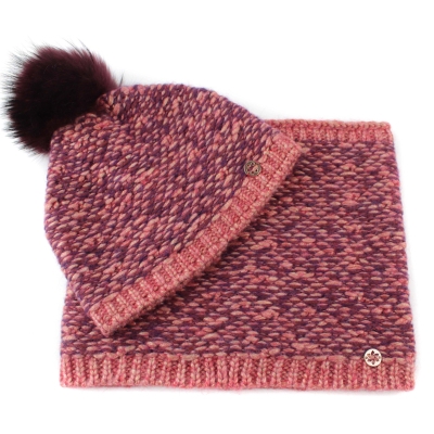 Knitted scarf and hat set with natural pom-pom Granadilla JG5421 & JG5422, Pink-Purple