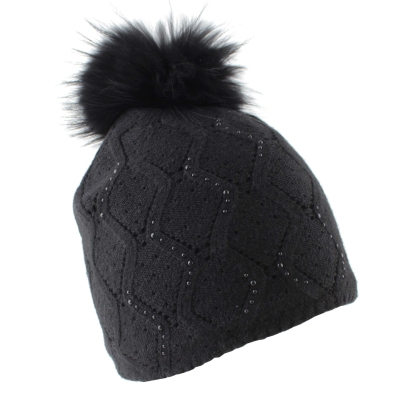 Дамска зимна плетена шапка с естествен помпон Granadilla | Черна