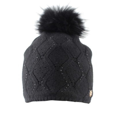Дамска зимна плетена шапка с естествен помпон Granadilla | Черна
