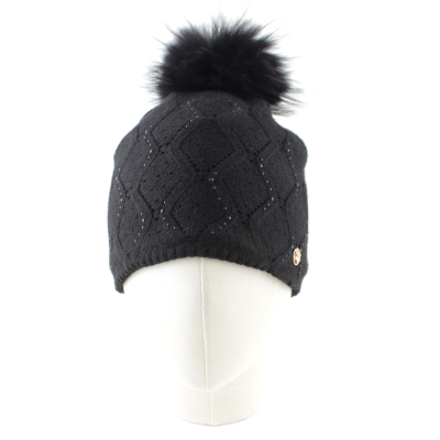 Дамска зимна плетена шапка с естествен помпон Granadilla | Черна