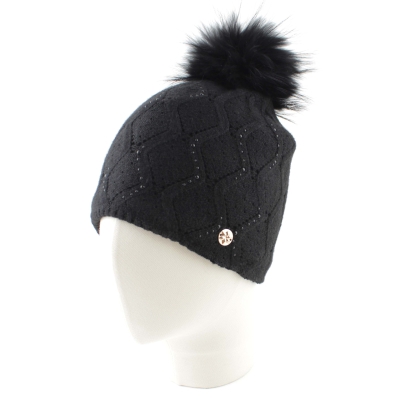Дамска зимна плетена шапка с естествен помпон Granadilla | Черна