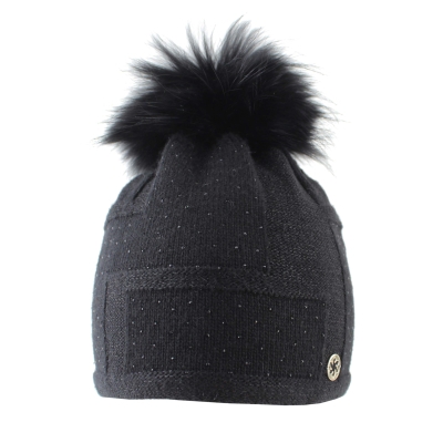 Women's Winter Knitted Hat with Natural Pom-Pom Granadilla | Black