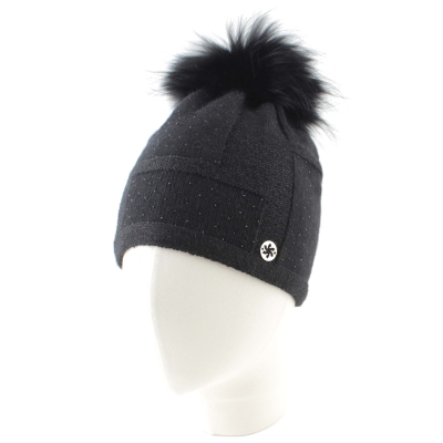Women's Winter Knitted Hat with Natural Pom-Pom Granadilla | Black