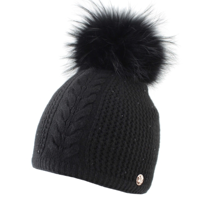 Women's Winter Knitted Hat with Natural Pom-Pom Granadilla | Black