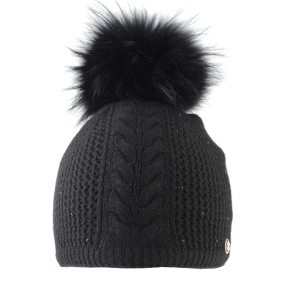 Women's Winter Knitted Hat with Natural Pom-Pom Granadilla | Black