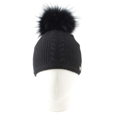Women's Winter Knitted Hat with Natural Pom-Pom Granadilla | Black